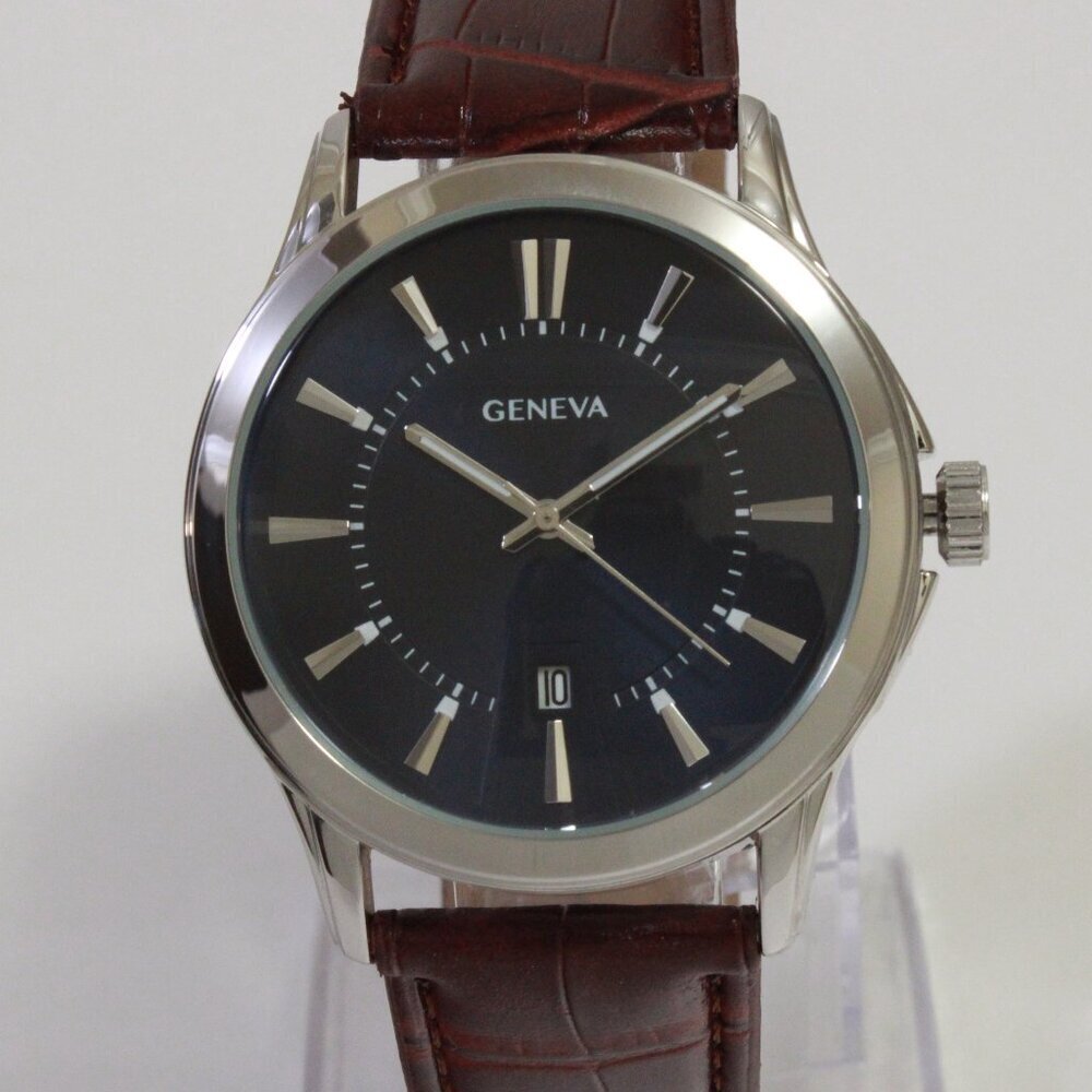Geneva Men's Dress Watch Silver Tone Navy Blue Dial Brown Strap 42mm - Picture 6 of 13